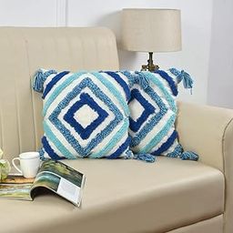 Outlay Home Decorative Throw Cushion Covers, Dark Blue Geometric Pattern with Pom Poms, Tufted Design with Back Zipper (16 X 16 Inch, 1 Piece)-14