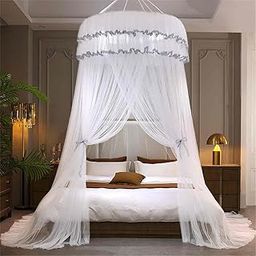 HASTHIP® Mosquito Net Bed Canopy Mosquito Net Bedroom Lace Ruffled Floor Ceiling Hanging Bed Dreamy Romantic White Lace for Double-22
