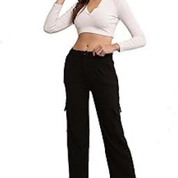 Women's High-Waist Cargo Pants, Khaki Beige, Straight-Leg Style, Side Pockets, Regular Fit-image-4