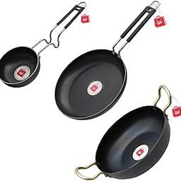 LAZYwindow Traditional Iron Deep Bottom Kadhai, Fry Pan (Induction Base) and Tadka Pan with Grip Type Handle Combo Pack | Scratch Resistant & Metal Spoon Friendly | Sturdy Handles(Black)-image-28