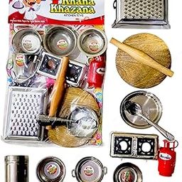 SHAKTISM Steel Kitchen Set Toys for Kids, Role Playing Kitchen Set of Stainless Steel with Wooden Chakla Belan Set, Master Chef Role Playing Kitchen Set Master Chef for Kids (Kitchen Set No-Zero)-18