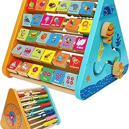 Toyshine 5 in 1 Wooden Activity Centre Triangle Toy | Alphabet, Blocks, Abacus, Clock, Writing | Toys for Babies Montessori Learning Toy for 1-5 Year Old - New-28