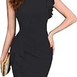 Girl's & Women's Asymmetrical Sleeve Ruffle Trim Cocktail Party Fitted One Piece Knee Length Midi Dress for Women Stylish Dresses (Midi 169)-image-9