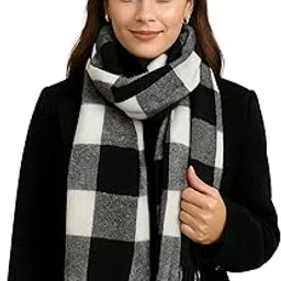 Khushi Creation Check Winter Scarf, Black and White Plaid Pattern, Soft Knit with Fringe Tassels-image-1
