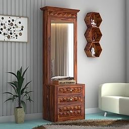 DYNAMIZE ART Wood Dressing Table With Mirror And Storage, Wooden Table, Drawer, Bedroom Furniture, Makeup Vanity Table, Honey Finish, Brown-25