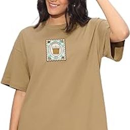 Chai Stamp Women and Girls Short Sleeves Round Neck Brown Applique Patch Cotton Oversized T-Shirts-image-28