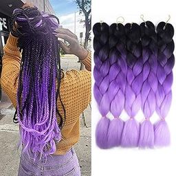 FLUSHIA Jumbo Braiding Hair Attachment Ombre Synthetic Hair Extension Box Braids 24Inch Crochet Braids -1 (Purple)-image-95