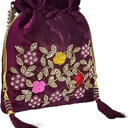 Women's Embroidered Floral Potli Bag Purse Ideal for Weddings, Parties, and Festivals (Wine)-image-36