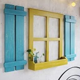Creative Farmhouse Wall Window Decoration Flower Basket Wall Hanging With Shutters Wall Decoration Pendant Cafe Living Room Plant Pot With Shelf (Yellow)-28