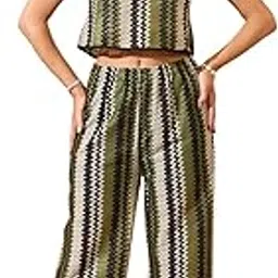 globus Women Chevron Print Crochet Round Neck Boxy Fit Crop Top with Trousers Resort Co-Ord Set-picture-42