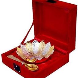 R Ayurveda Copper Silver and Gold Plated Metal Bowl Set with Spoon in Floral Pattern Best Wedding Return Gift. in Velvet Gift Box.-image-96