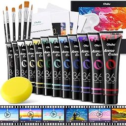 Ohuhu Acrylic Paint Set 12 Vibrant Colors 36Ml 6 Brushes And 3 Paint Canvases For Beginners With Tutorial For Painting Art Supplies For Ceramic Wood Fabric Model Rock Metal - Multicolor-picture-3