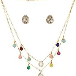 Gold Plated Multicolor Stone Layered Necklace Set with Teardrop Earrings for Women & Girls | Bridal, Ethnic Jewelry for Weddings & Festivals-image-53
