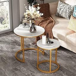 Round Nesting Table Simple Modern Small Round Table Mdf Top Metal Table Living Room Sofa Set Of 2 (Golden & White)-image-85