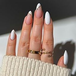 Set Of 14Pc, Press-on, Long Almond Glossy White And Gold Design, Nail Extensions With Free Glue Kit-image-41