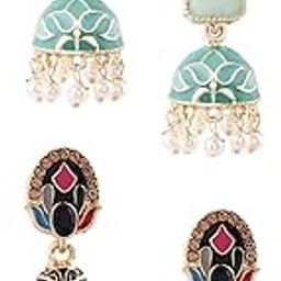 Set Of 2 Multi-Colour Enamel Beads & Kundan Traditional Jhumki Earring For Women-ZPFK16856-image-35