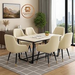WOODREAM Wooden Dining Table 6 Seater | Marble Epoxy Finish Six Seater Dinning Table Set with 6 Upholstered Leatherette Dining Chairs & Metal Legs | Table Top: Premium HDMR Wood, Cream-image-32