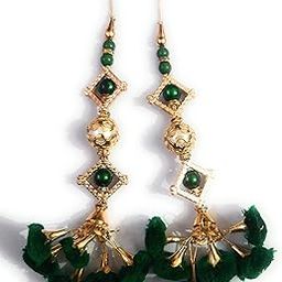 Libas Fashion Women's Handmade Ethnic Hanging Latkan Bell Tassel Blouse Saree, Lehenga Cotton Pompom PC (Dark Green)-image-63