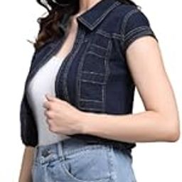Women Navy Blue Denim Open Front Regular Shrug-image-2