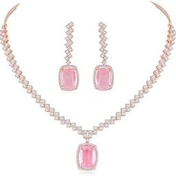 Rose Gold Plated Cubic Zirconia American Diamond Valentines Special Necklace With Drop Earrings Jewellery Set for Women-image-82