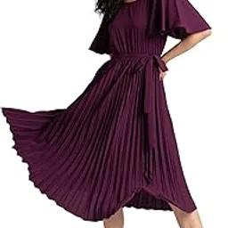 aask Women's Elegant Belted Pleated Flounce Sleeve Long Dress Purple Color-picture-2