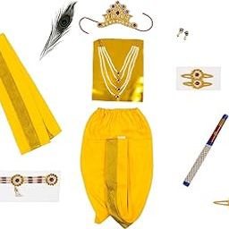 MGTIPL Krishna Dress for Baby Boy Kids Set of 9 (Dhoti, Patka, 5 Layered Mala, Mukut, Morpankh, Bansuri, Kamarband, Bajuband, Kundal) Janmasthmi Costume (Yellow)-19