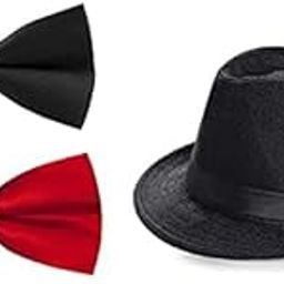Kids Fedora Hat with Black and Red Bow tie (Black, Medium)-image-3