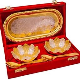 JR Handicrafts World German Silver And Gold Plated Bowl Set With Royal Velvet Gift Box (Contains-2 Bowls 2 Spoons & 1 Tray), 100 ML-15