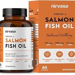 Nirvasa Omega 3 Salmon Fish Oil Capsules | 1000mg Omega 3 with 180mg EPA & 120mg DHA | No Fishy Burps | Best Fish Oil for Heart Brain Joint & Bone Health | For Men & Women | 60 Softgels | Pack of 1-17