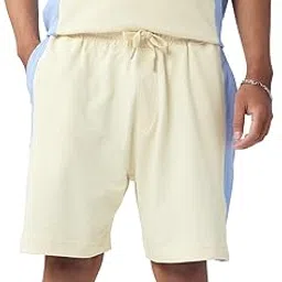 the souled store Bermuda Shorts: Seashell Men and Boys Drawstringed Off White and Blue Colour Block Knee Length Cotton Bermuda Shorts-picture-22