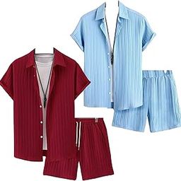 Mens Cord Set, Short Sleeve Pleated Shirt with Shorts,Light Blue and Maroon Night wear for Men Combo Pack of 2-4