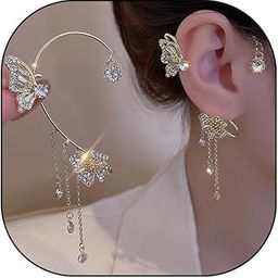 Butterfly Zircon Ear Cuff Earrings for Women,14K Gold Sparkling Rhinestone Tassels Earrings Non Piercing Clip On Wrap Climber Crawler Earrings-image-63