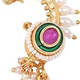 Women Gold Plated Stone & Pearl Peacock Design Hanging Beads Mahrastrian Nath-image-51