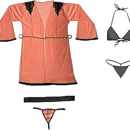 Women's Combo Babydoll Nightwear Belted Robe with Panty and Bikini Bra & G-String Thong-picture-26