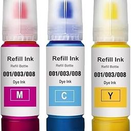 Refill Ink Bottles Compatible with Epson L Series Printers – 001/003/008 Dye Ink – Pack of 3 (Magenta, Cyan, Yellow) – High Yield & Vivid Color Printing-99