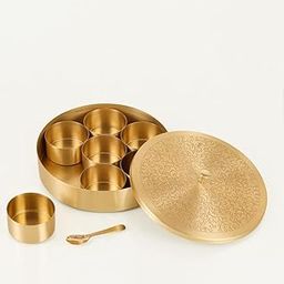 Yash Handicrafts Brass Masala Box with 7 Containers, Decorative Spice Storage Box with Lid and Spoon, 20 cm x 7 cm-image-5