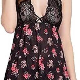 Women Babydoll Lingerie Floral Printed Knee Length Satin Babydoll Dress with G-String-image-94
