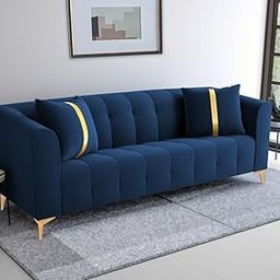 Adorn India Premium Mystic - 3 Years Warranty - 3 Seater Sofa Velvet Suede Fabric - Blue-image-4