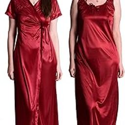 Women's Nightwear Sleepwear Solid 2pc Set of Satin Nighty with Robe Set SL018-image-85