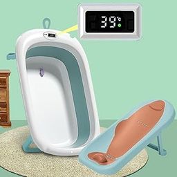 TONY STARK EXTRA LARGE SIZE Foldable Baby Bath tub & Premium Baby Bather/Sling Bather Seat with Water Temperature Display, Drain Plug, Portable Anti - Slip Collapsible Baby bath chair for Baby girls and boys Infants, Toddlers, Newborn and kids 0-5 Years (Green)-image-36