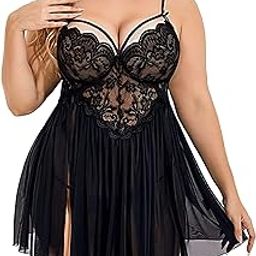 Beautiful Creations Womens Plus Size Lace Floral Knee Length Babydoll Nightwear Set with G-String Panty-picture-17