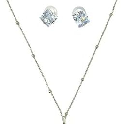 Silver Plated American Diamond Pendant with Delicate Chain Necklace with Stud Earrings for Women and Girls Pack of 1-image-74