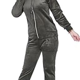 SHIVANI BOUTIQUE AND FE CLOTH HOUSE - Velvet Tracksuit Set for Women, Full Zip Hooded Sweatshirt with Pants, Olive Green-image-3