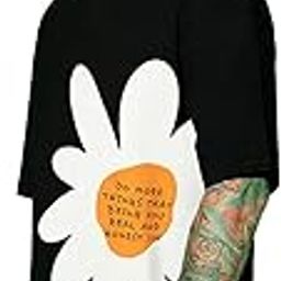Cotton Black & Limeade Oversized Fit Half Sleeve Crew-Neck Floral Printed Longline T-Shirt for Men-image-44