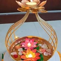 The M H Decor® Metal Lotus Tealight Candle Holder for Diwali Decoration Items for Home with Base of Urli Bowl, Bedroom, Living Room, Tabletop, Diwali Gift Items,- Gold (Height 7 Inch)-image-27