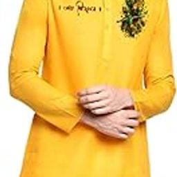 Lord Krishna Motif Print Kurta | Ideal for Puja Gatherings, Festivals, and Everyday Temple Wear | Washable | Men's Yellow Cotton Long Knee Length Kurta-image-70