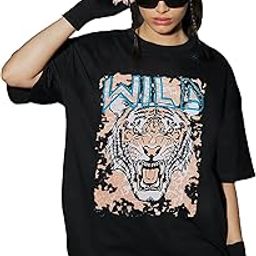 leotude Women's Cottonblend Oversized Half Sleeve Wild Printed T-Shirt (Black Color)-picture-16