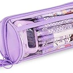 FunBlast Large Capacity Pencil Bag - Multi Compartment Transparent Pencil Pouch with Zipper, Portable Makeup Pouch, Aesthetic Pouch, Cute Stationery Bag for Students Girls Adults Office (Purple)-image-71