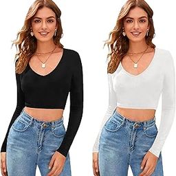 Women's Casual V Neck Long Sleeves Stylish Crop Tops- Pack of 2-17" Inches (Baati Black-Combo)-image-78