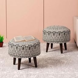 nestroots Set of 2 Wooden Ottoman Stools for Living Room | Printed Pouffes for Sitting, Foot Rest with 4 Wooden Legs | 14 Inch Height, Grey-image-54